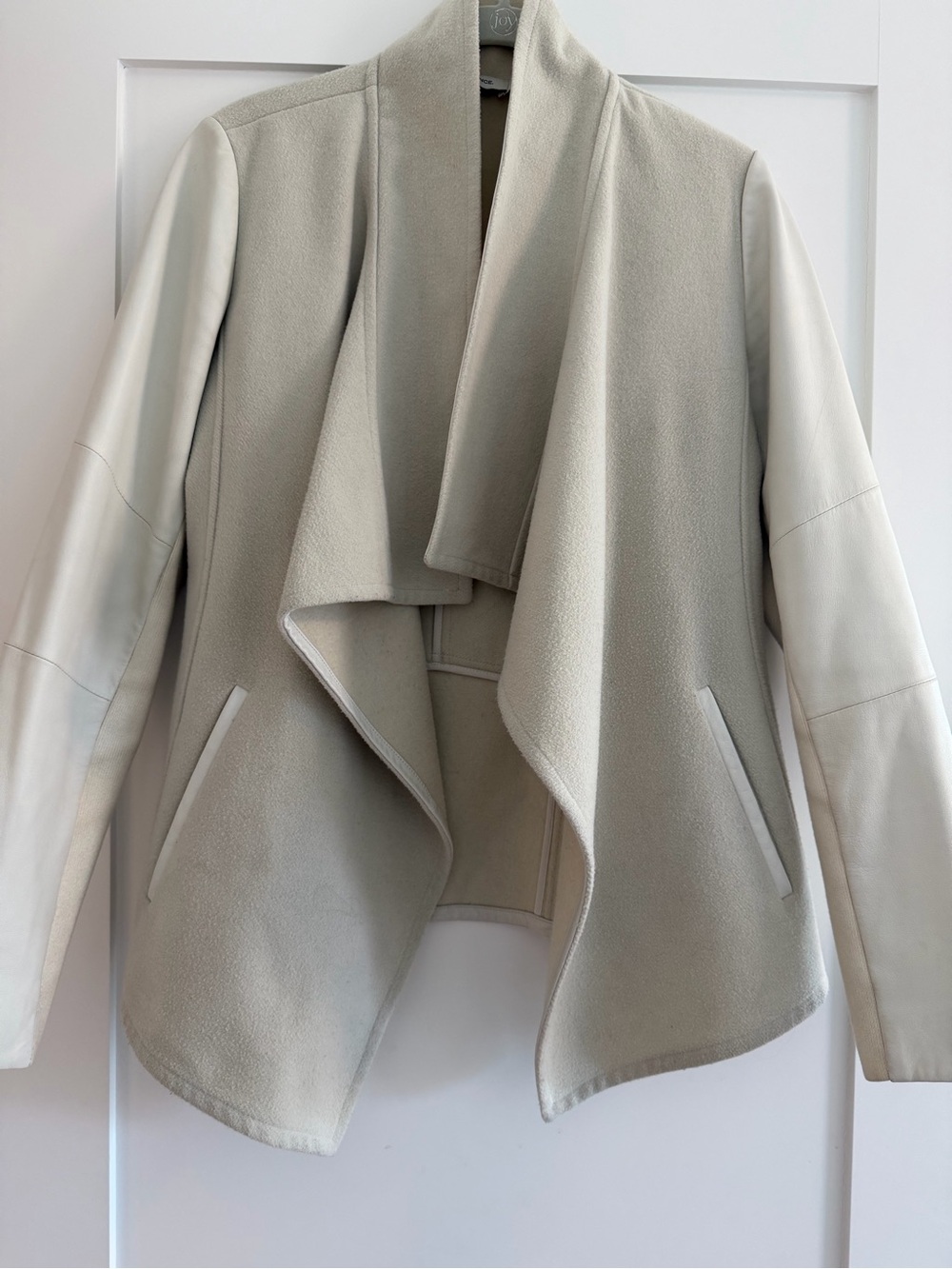 Vince Cream Draped Open-Front Jacket with Leather Sleeves